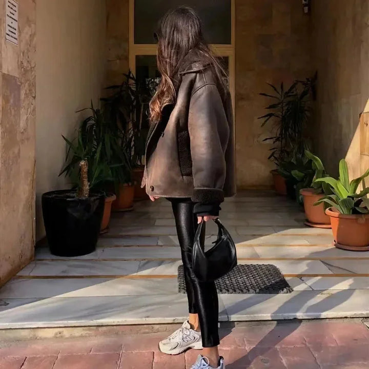 Dark brown women's jacket with shearling effect