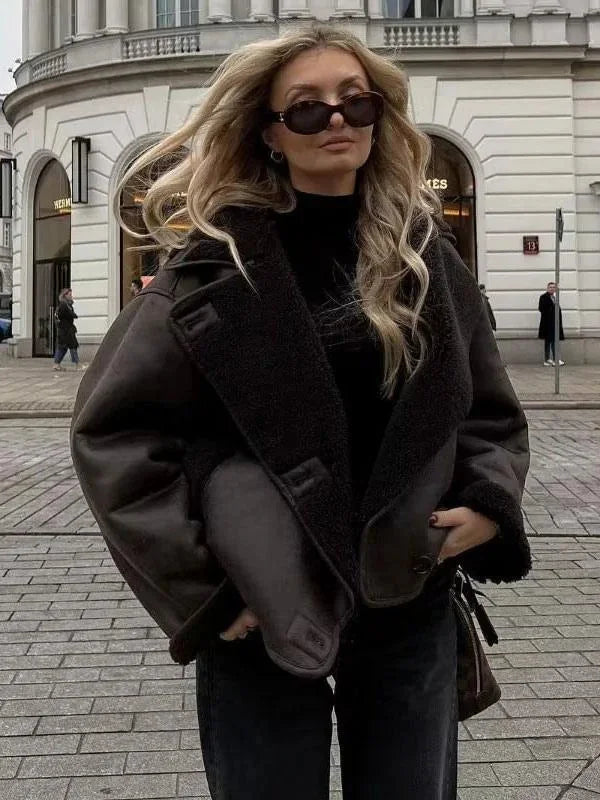 Dark brown women's jacket with shearling effect