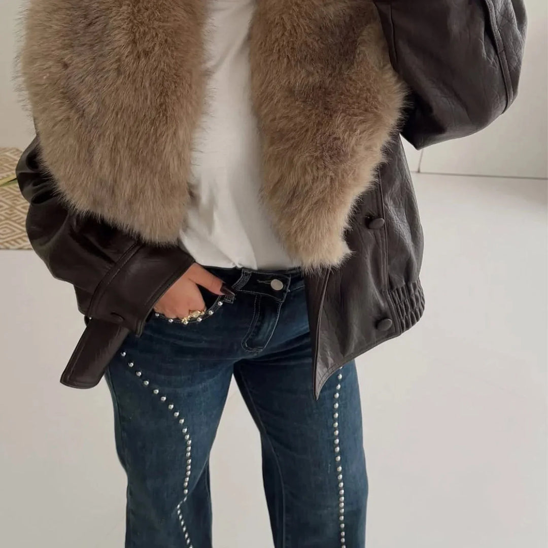 Vintage Brown Women's Jacket with Double Collar and Pockets