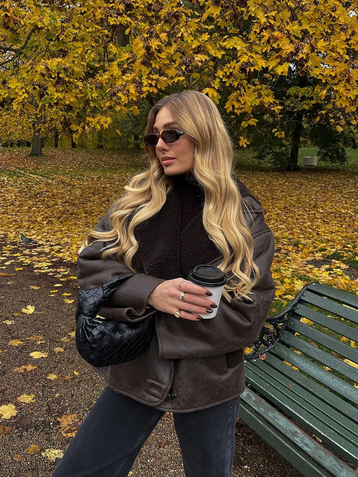 Women's Oversized Dark Brown Shearling Effect Jacket