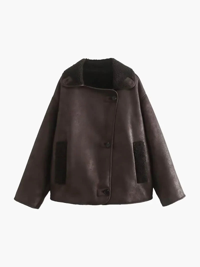 Women's Oversized Dark Brown Shearling Effect Jacket