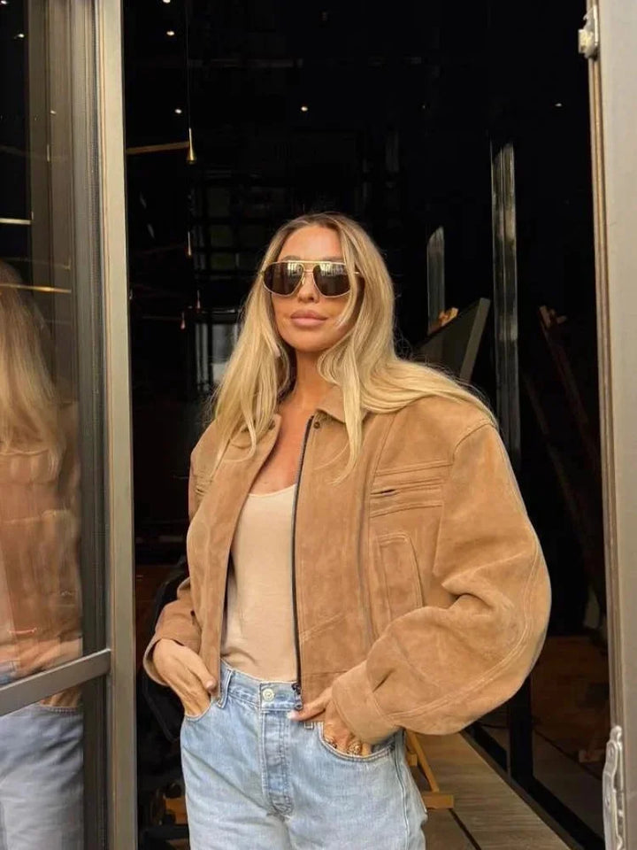 Short Brown Suede Women's Jacket with Zip and Pockets