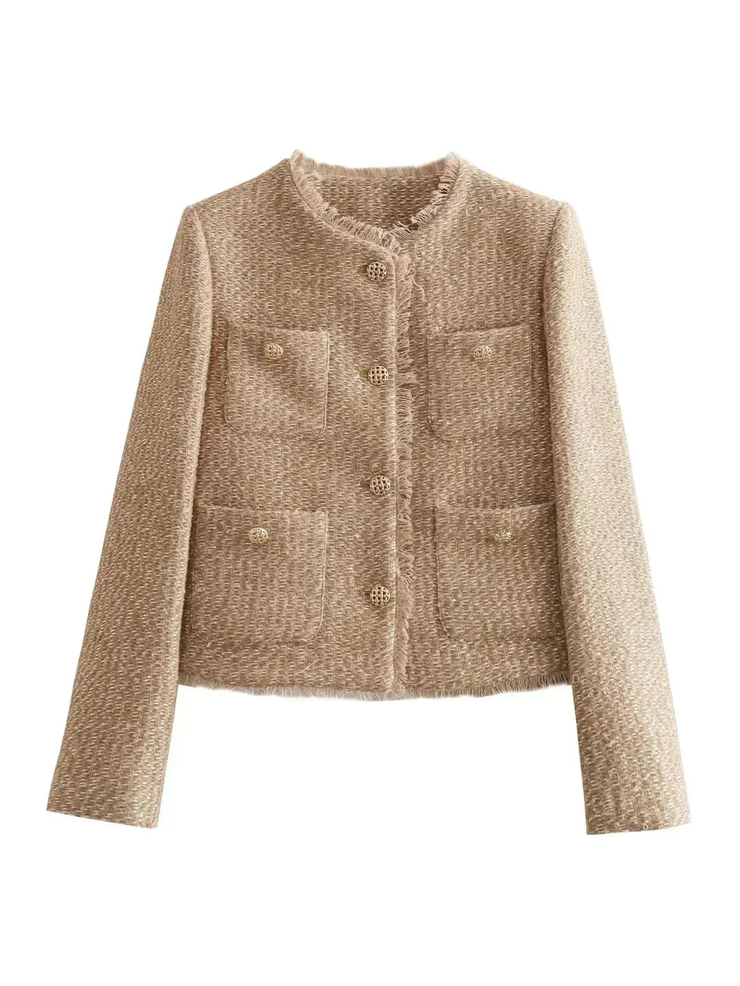 Women's Beige Tweed Jacket with Elegant Buttons