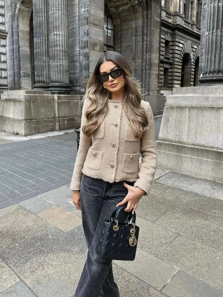 Women's Beige Tweed Jacket with Elegant Buttons