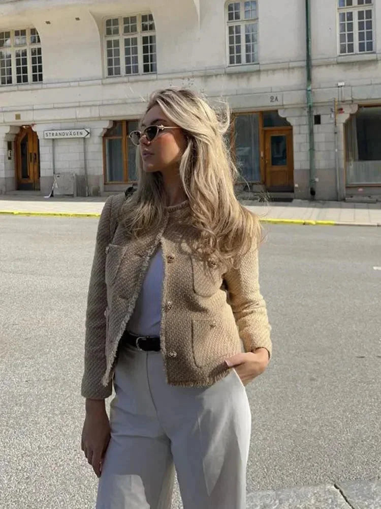 Women's Beige Tweed Jacket with Elegant Buttons