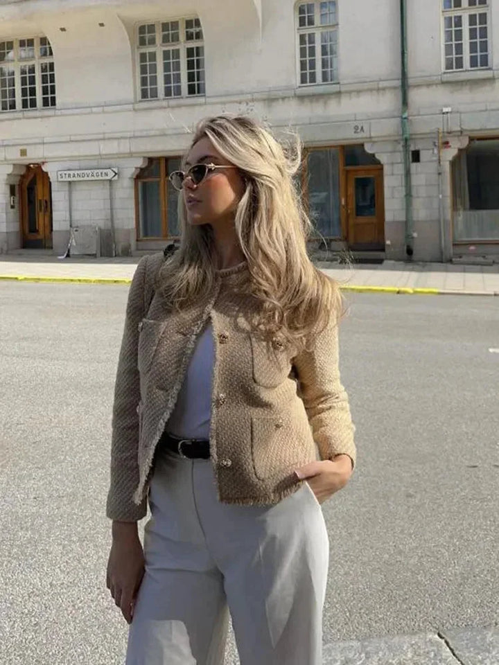 Women's Beige Tweed Jacket with Elegant Buttons