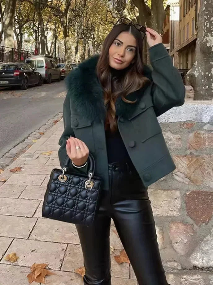 Dark Green Women's Jacket with Faux Fur Collar