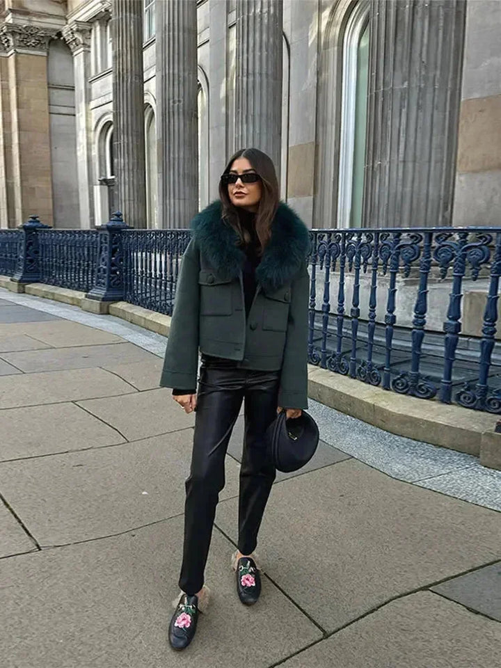 Dark Green Women's Jacket with Faux Fur Collar