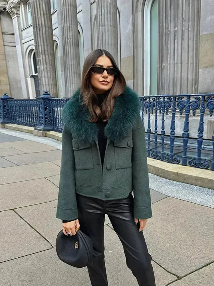 Dark Green Women's Jacket with Faux Fur Collar