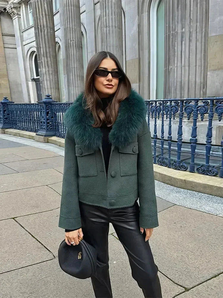 Dark Green Women's Jacket with Faux Fur Collar