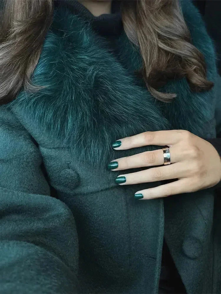 Dark Green Women's Jacket with Faux Fur Collar