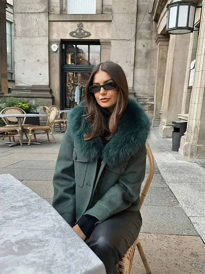 Dark Green Women's Jacket with Faux Fur Collar