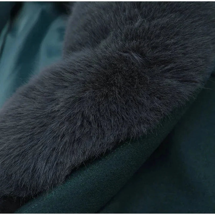 Dark Green Women's Jacket with Faux Fur Collar