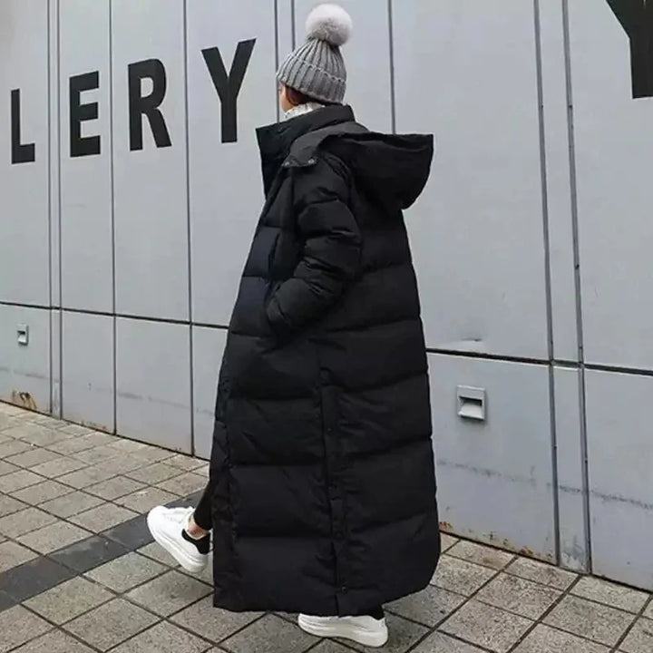 Long Women's Puffer Coat with Removable Hood