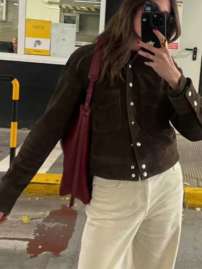 Brown Women's Jacket with Buttons and Pockets