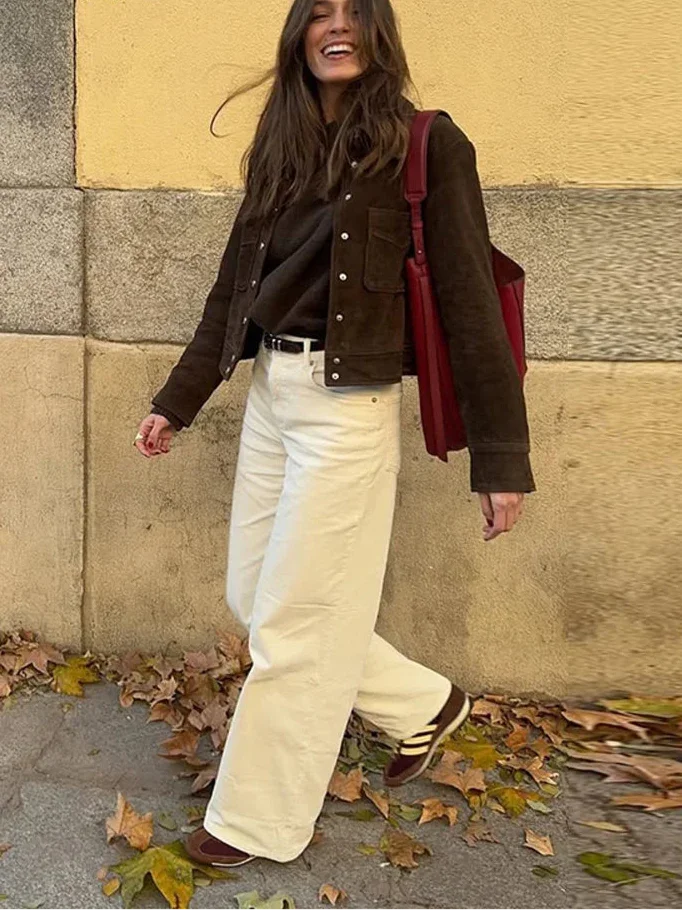 Brown Women's Jacket with Buttons and Pockets