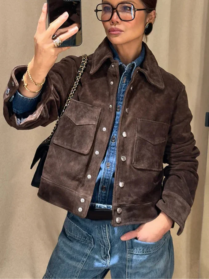 Brown Women's Jacket with Buttons and Pockets
