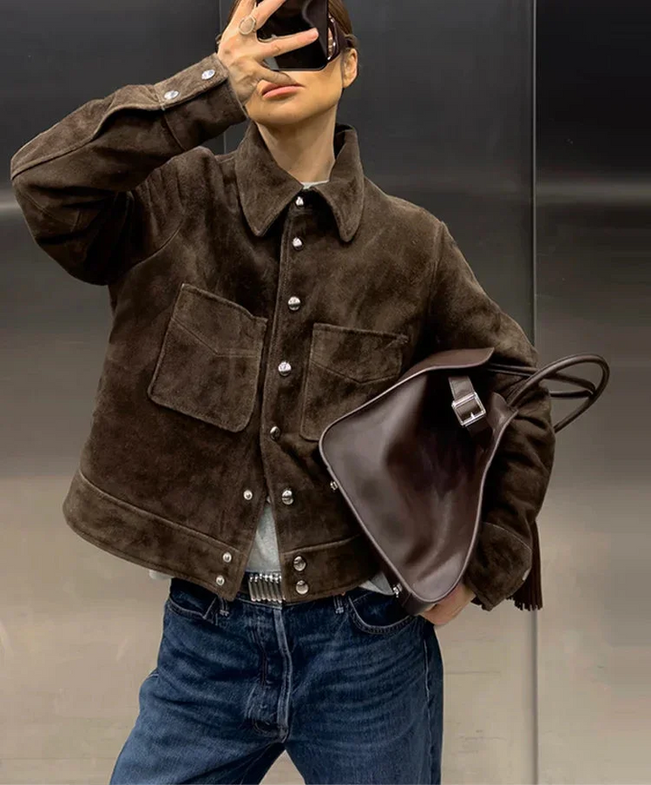 Brown Women's Jacket with Buttons and Pockets