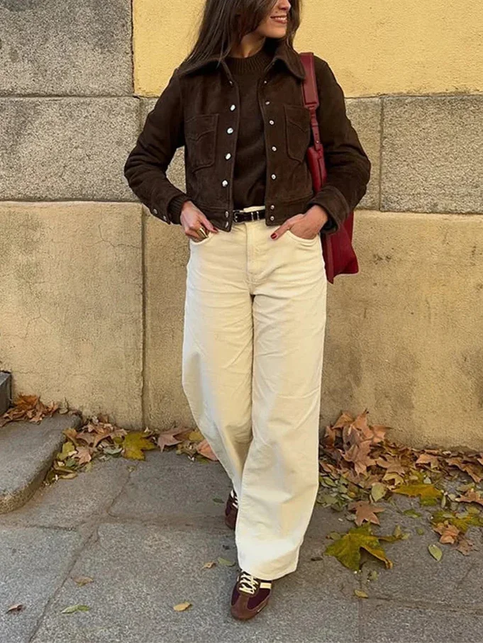 Brown Women's Jacket with Buttons and Pockets