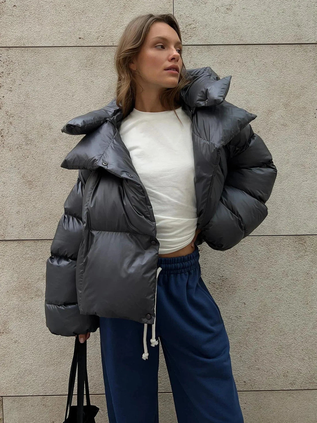 Oversized Puffer Jacket for Women with High Collar