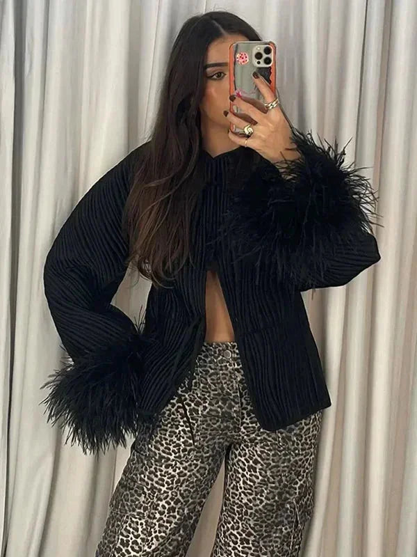 Women's Black Jacket with Elegant Feather Cuffs