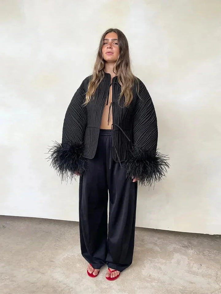 Women's Black Jacket with Elegant Feather Cuffs