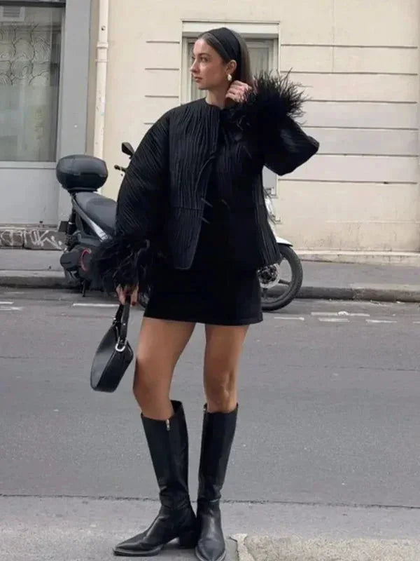 Women's Black Jacket with Elegant Feather Cuffs