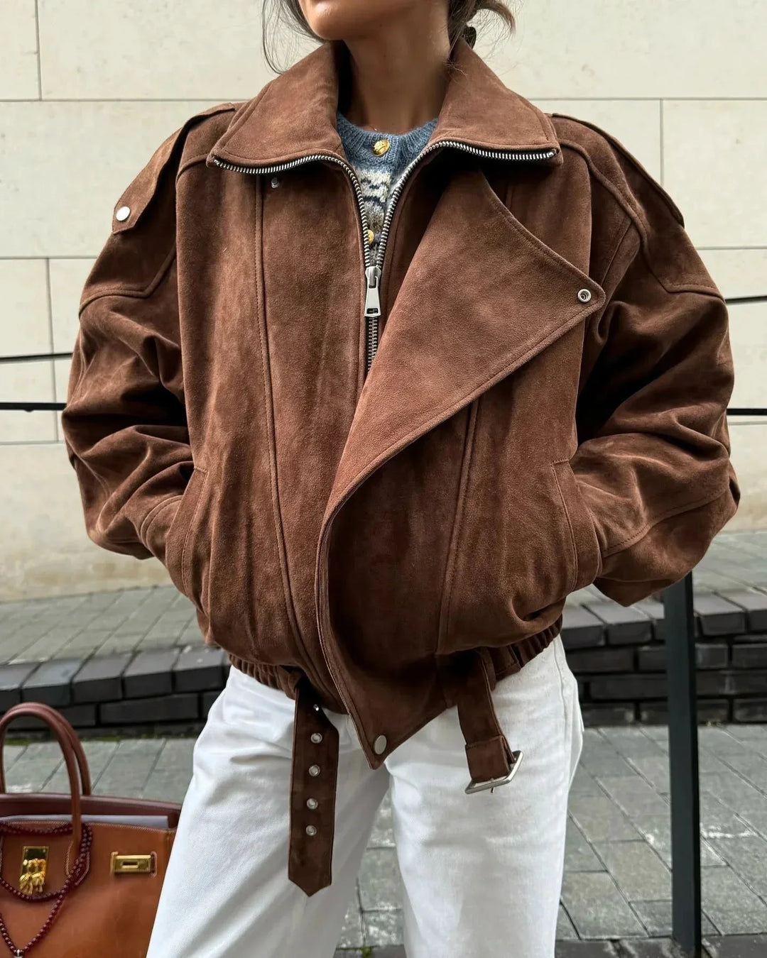 Brown oversized women's jacket with zip and collar