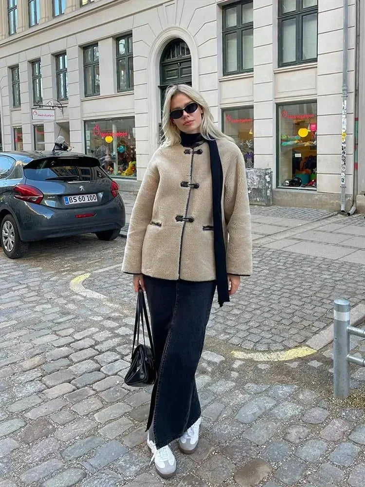 Beige Women's Fleece Jacket with Duffle Style Buttons