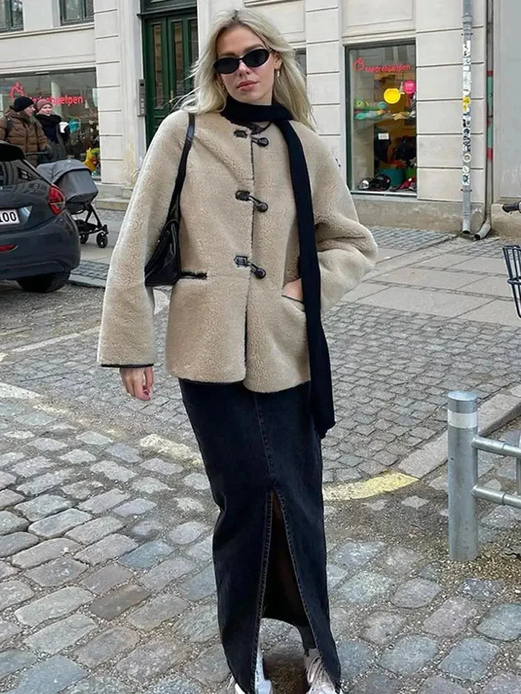 Beige Women's Fleece Jacket with Duffle Style Buttons