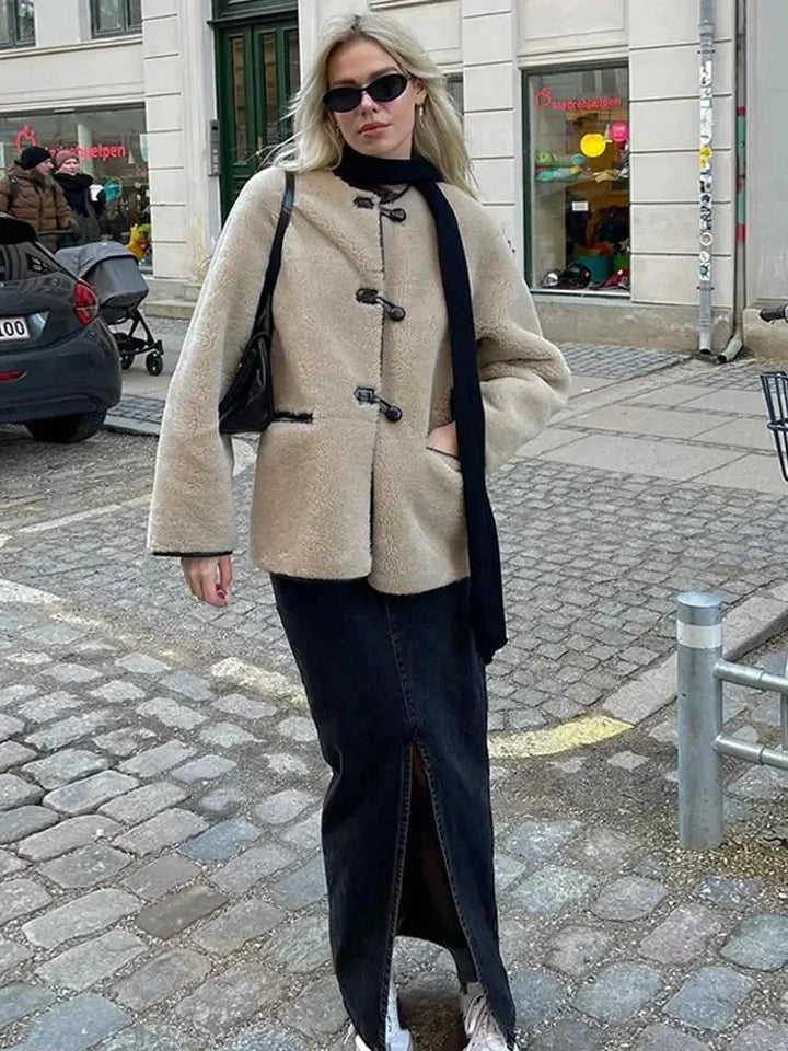 Beige Women's Fleece Jacket with Duffle Style Buttons