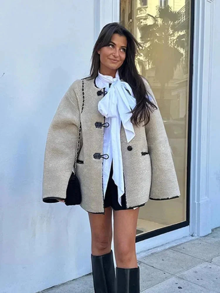 Beige Women's Fleece Jacket with Duffle Style Buttons
