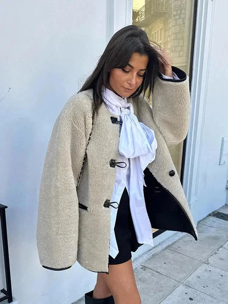 Beige Women's Fleece Jacket with Duffle Style Buttons