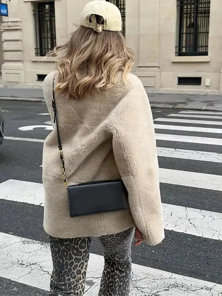 Beige Women's Fleece Jacket with Duffle Style Buttons