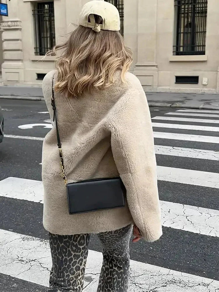 Beige Women's Fleece Jacket with Duffle Style Buttons