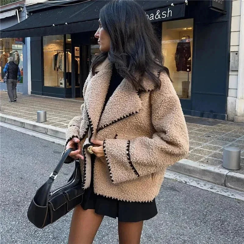 Beige Teddy Jacket for Women with Contrasting Black Stitching