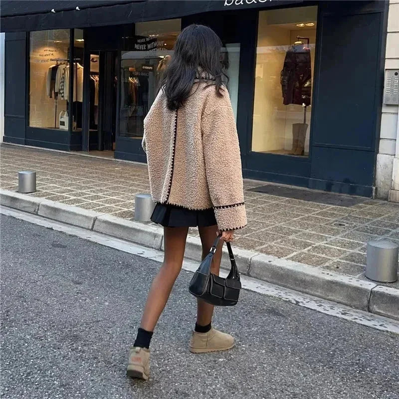 Beige Teddy Jacket for Women with Contrasting Black Stitching