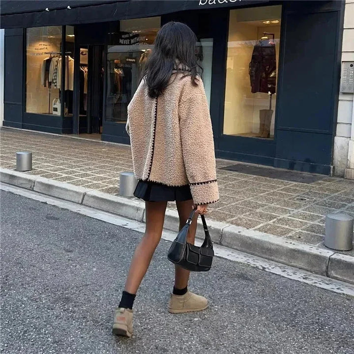 Beige Teddy Jacket for Women with Contrasting Black Stitching