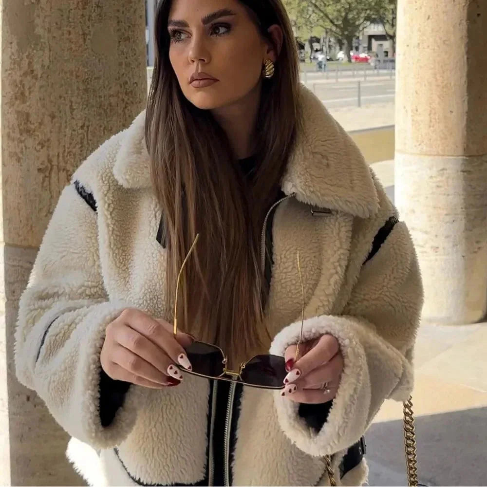 Beige Oversized Teddy Jacket for Women with Black Accents