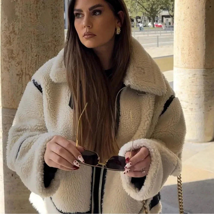 Beige Oversized Teddy Jacket for Women with Black Accents