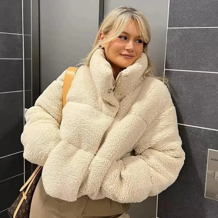 Beige Teddy Puffer Jacket for Women with High Collar