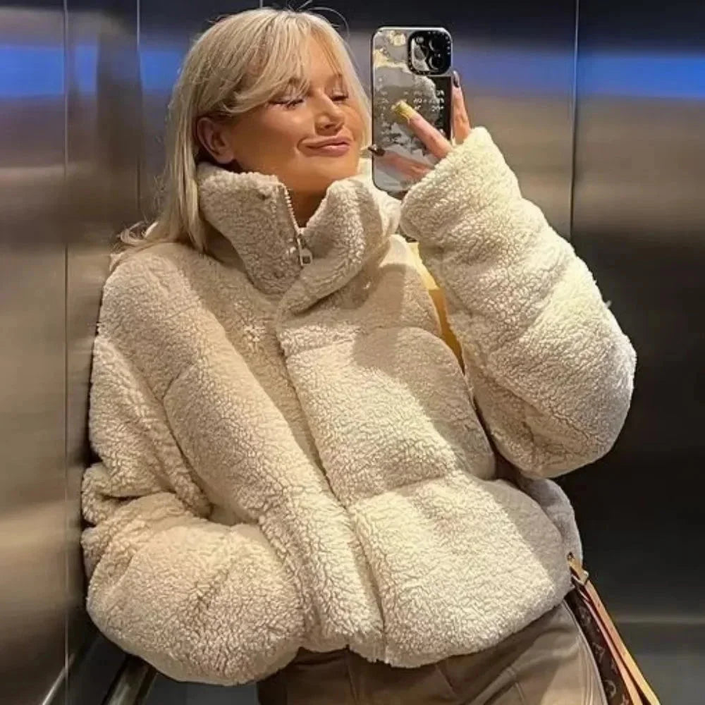 Beige Teddy Puffer Jacket for Women with High Collar