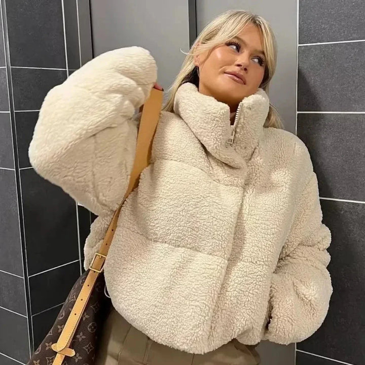 Beige Teddy Puffer Jacket for Women with High Collar