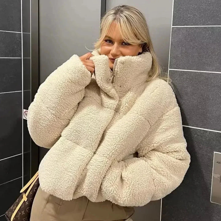 Beige Teddy Puffer Jacket for Women with High Collar
