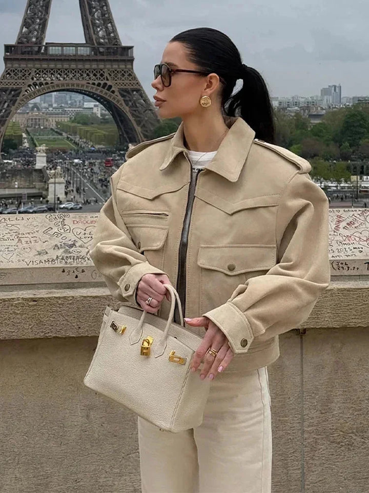 Short beige trench coat with lapel collar for women