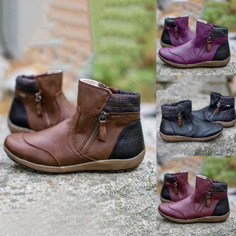Women's Leather Zipper Ankle Boots | Fleece-Lined Comfort Boots