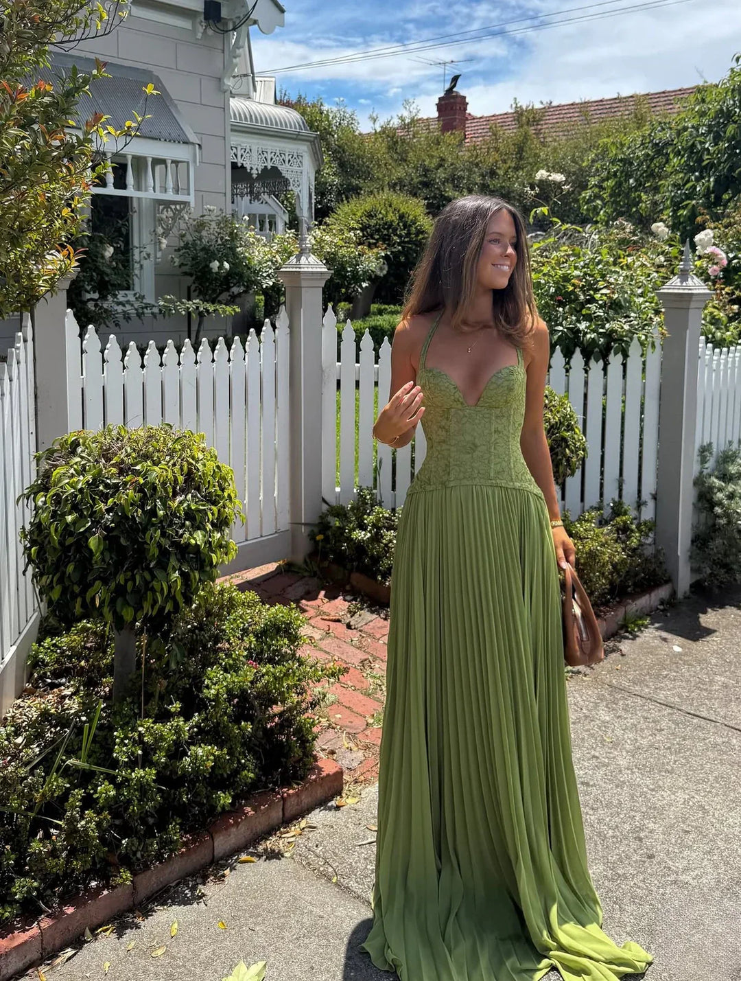 Women's Pleated Corset Maxi Dress | Elegant Structured Wedding Guest Dress