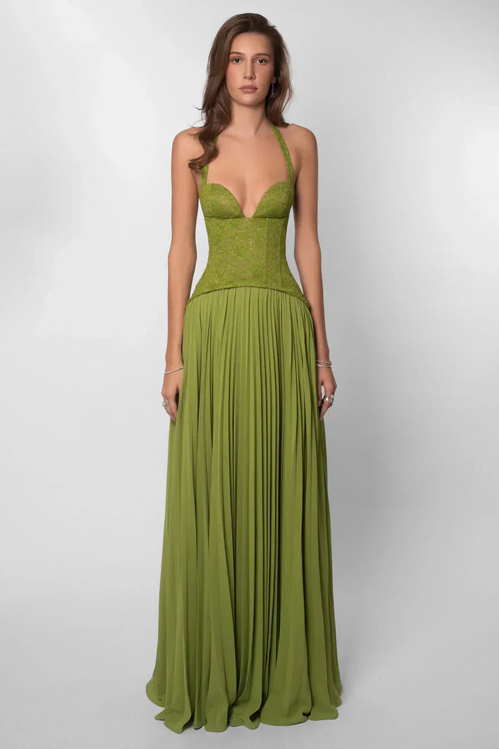 Women's Pleated Corset Maxi Dress | Elegant Structured Wedding Guest Dress
