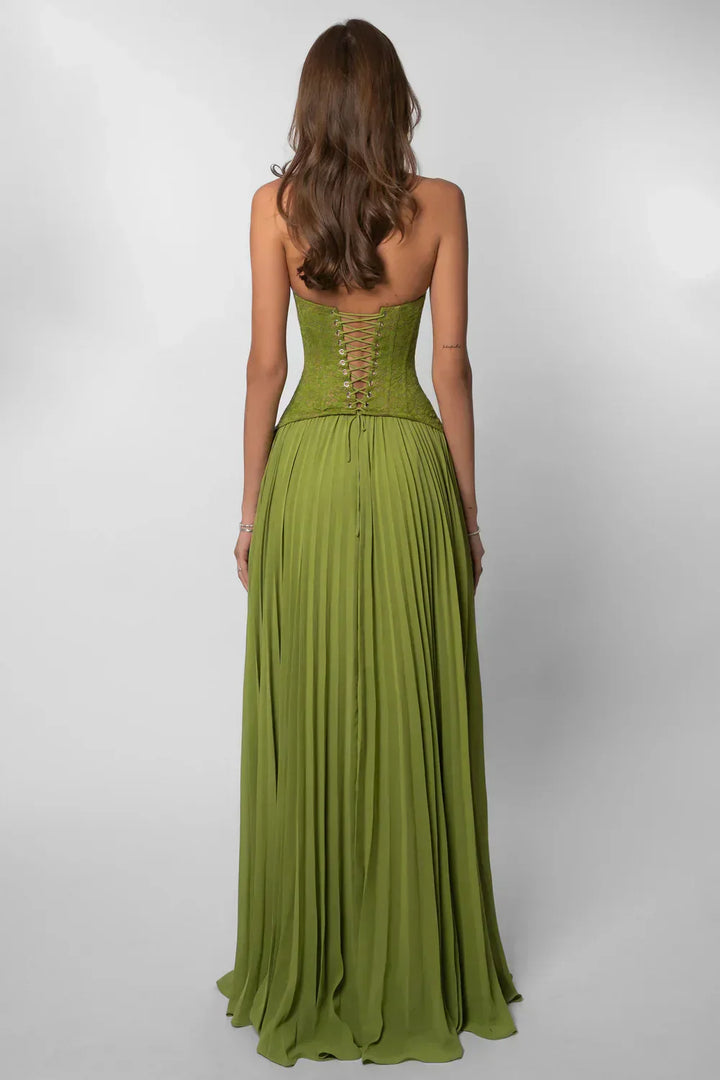 Women's Pleated Corset Maxi Dress | Elegant Structured Wedding Guest Dress