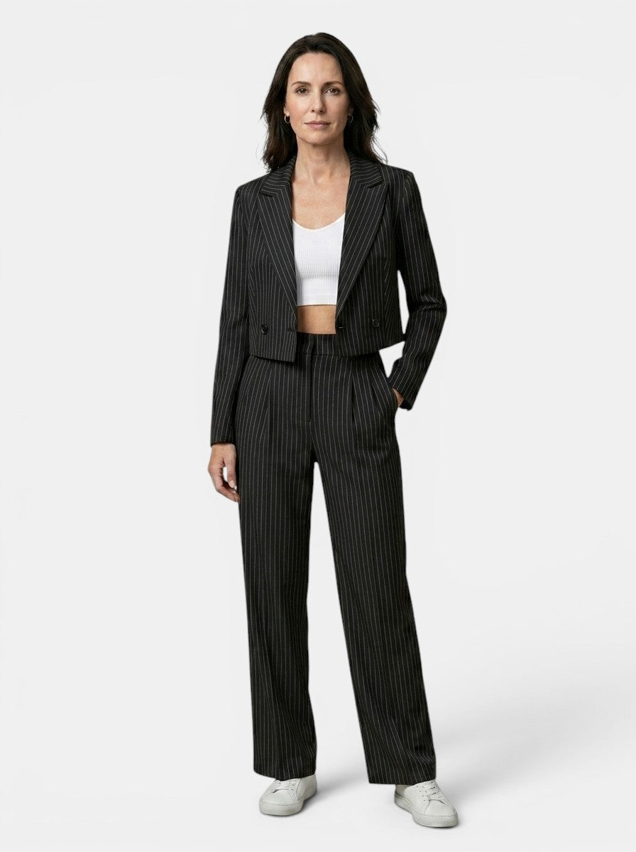 Women's Pinstripe Suit | Cropped Tailored Blazer & Wide-Leg Trousers